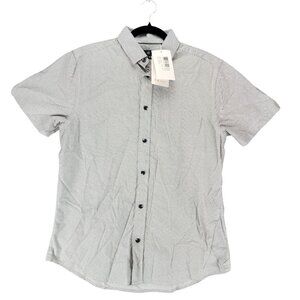 Vustra Shirt Mens Medium Black Micro Print Organic Short Sleeve Button Up *NWT*